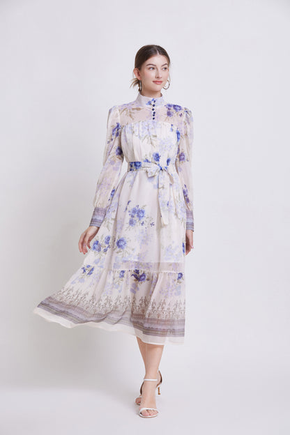 Women's Chiifon Floral Print Lantern Sleeve Midi Dress