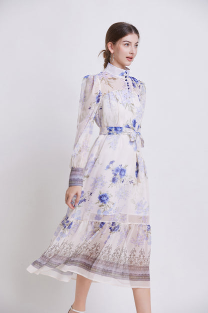 Women's Chiifon Floral Print Lantern Sleeve Midi Dress