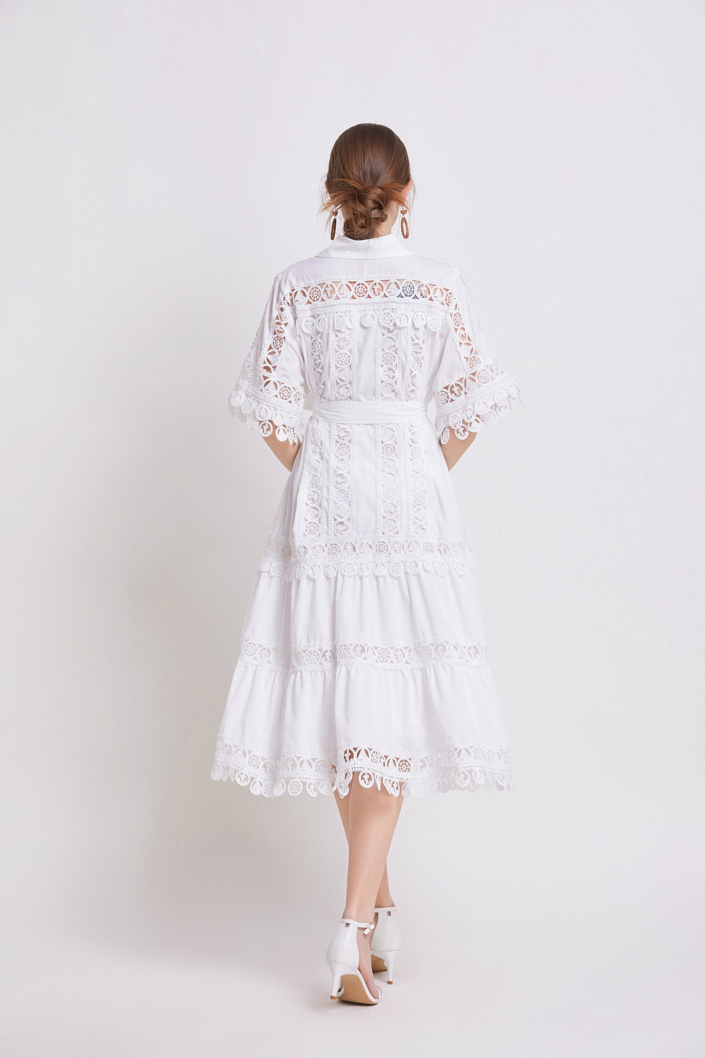 Women's Lace Lapel V-Neck Short Sleeve Midi Dress