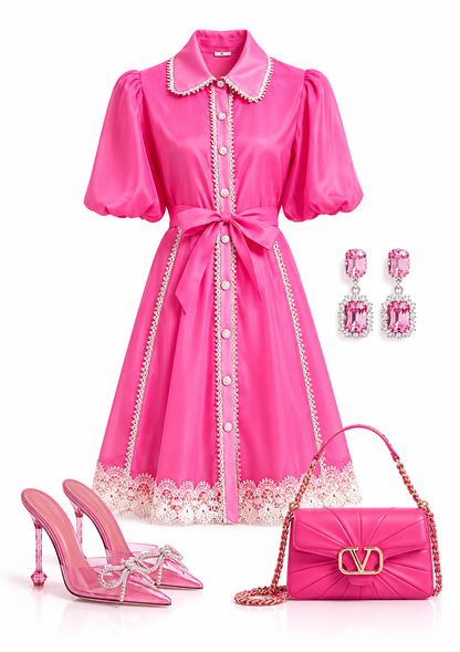 Hot Pink Chiffon Button Up Mini Dress