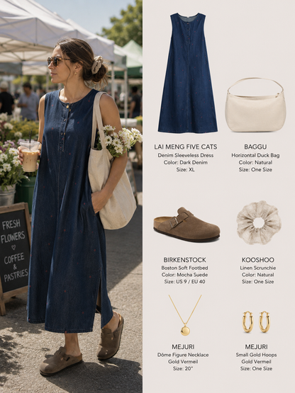 Sleeveless Denim Loose Lightweight Jean Midi Dress with Pockets