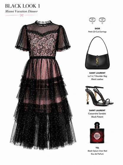 Black Sheer Sleeves Lace Glitter Tulle Dress