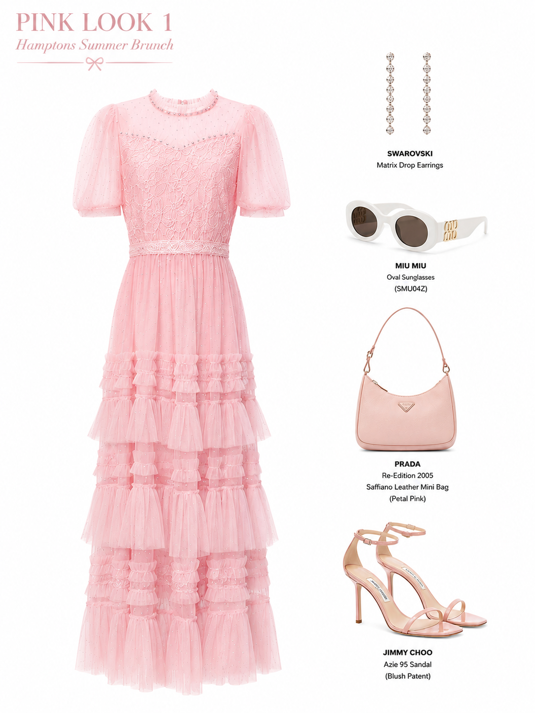 Pink Sheer Sleeves Lace Tiered Tulle Midi Dress