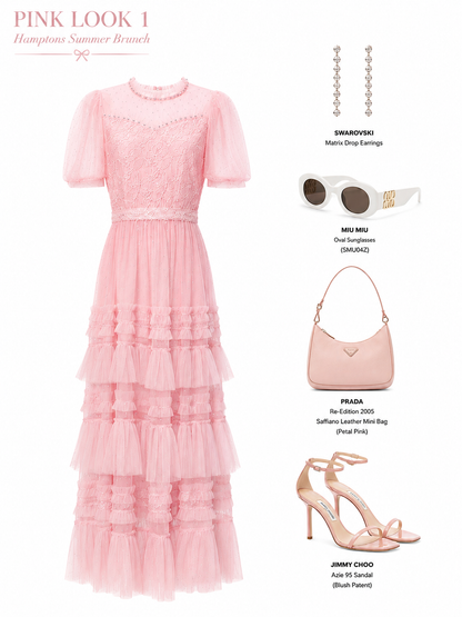 Pink Sheer Sleeves Lace Tiered Tulle Midi Dress