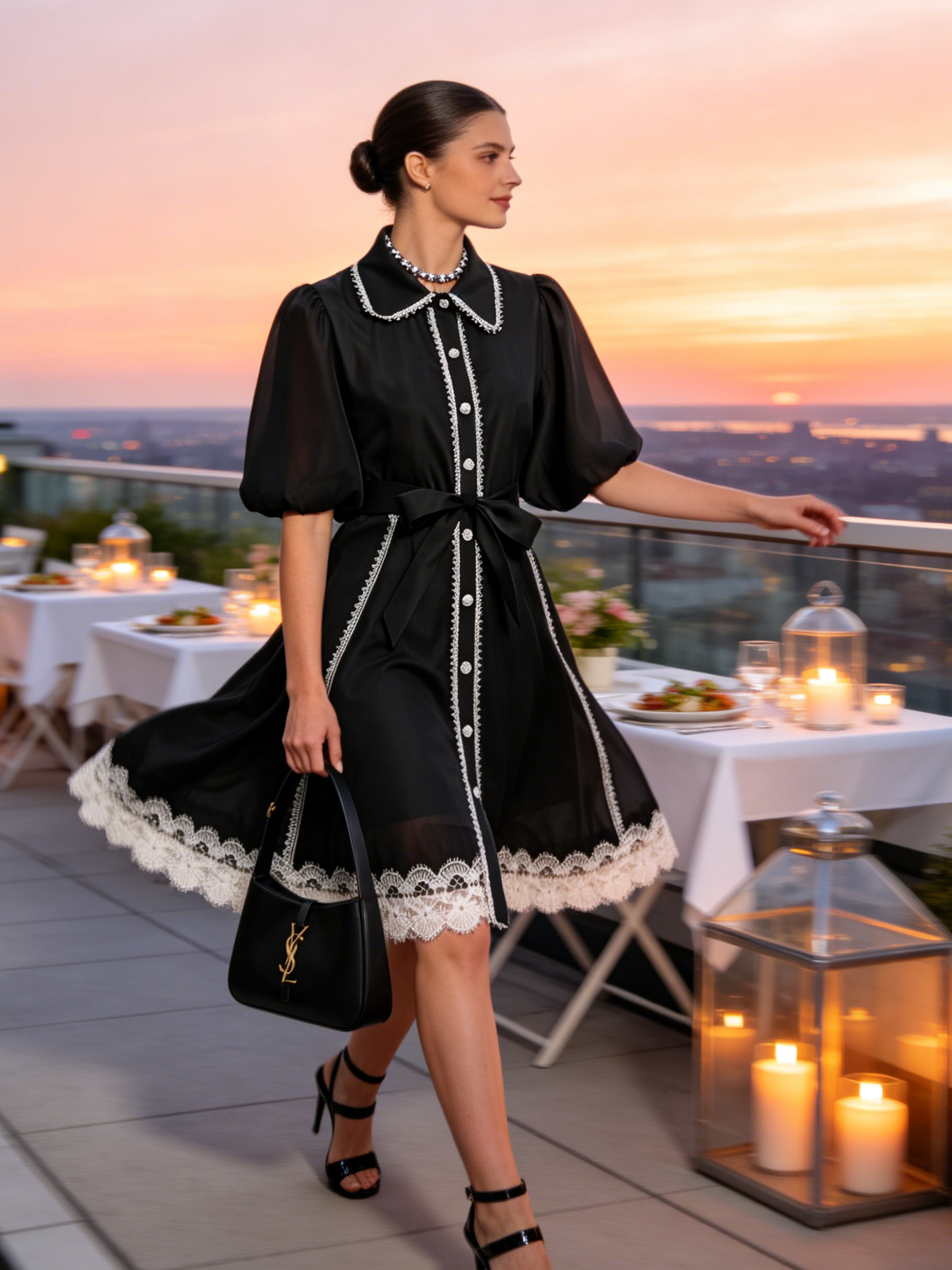 Black Lace Trim Chiffon Dress
