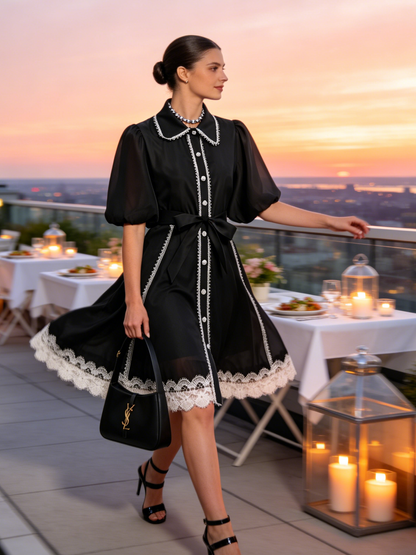 Black Lace Trim Chiffon Dress