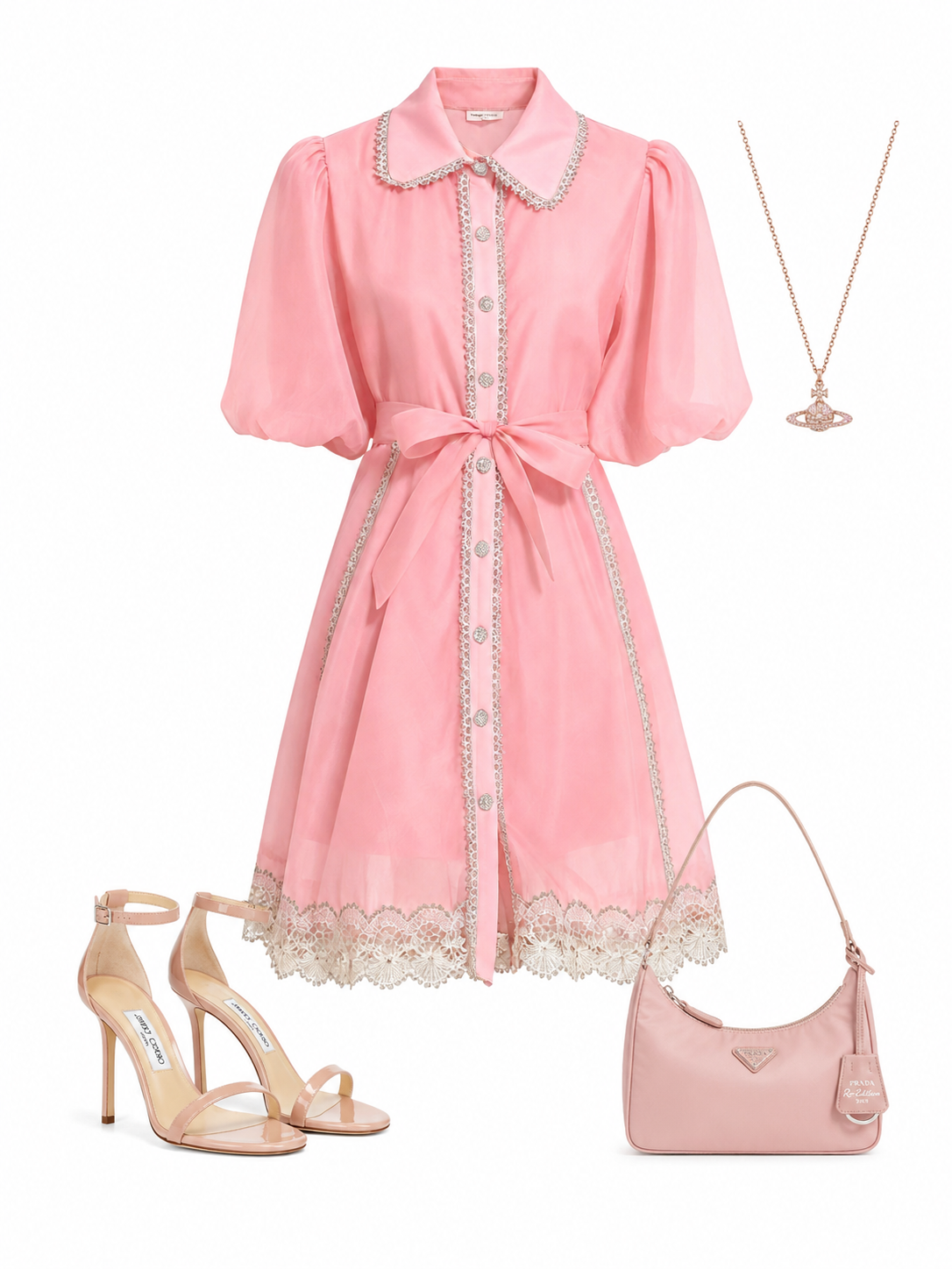 Pink Button Up Lace Trim Mini Dress