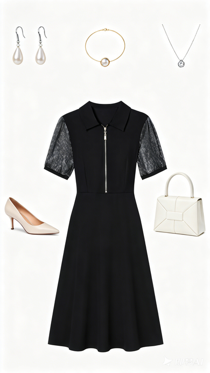 Elegant Black Mesh Sleeve Midi Dress - LAI MENG FIVE CATS