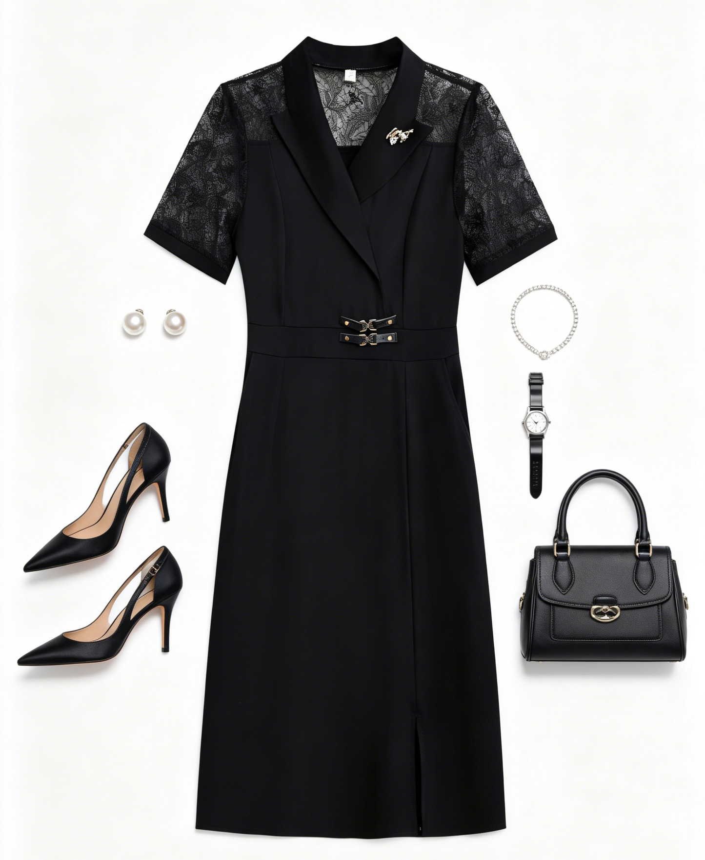 Black A-Line Midi Dress with Lace Sleeve Detail - LAI MENG FIVE CATS