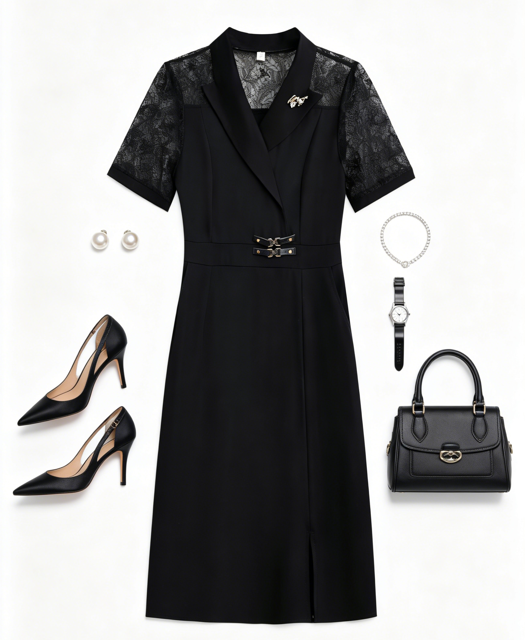 Black A-Line Midi Dress with Lace Sleeve Detail - LAI MENG FIVE CATS