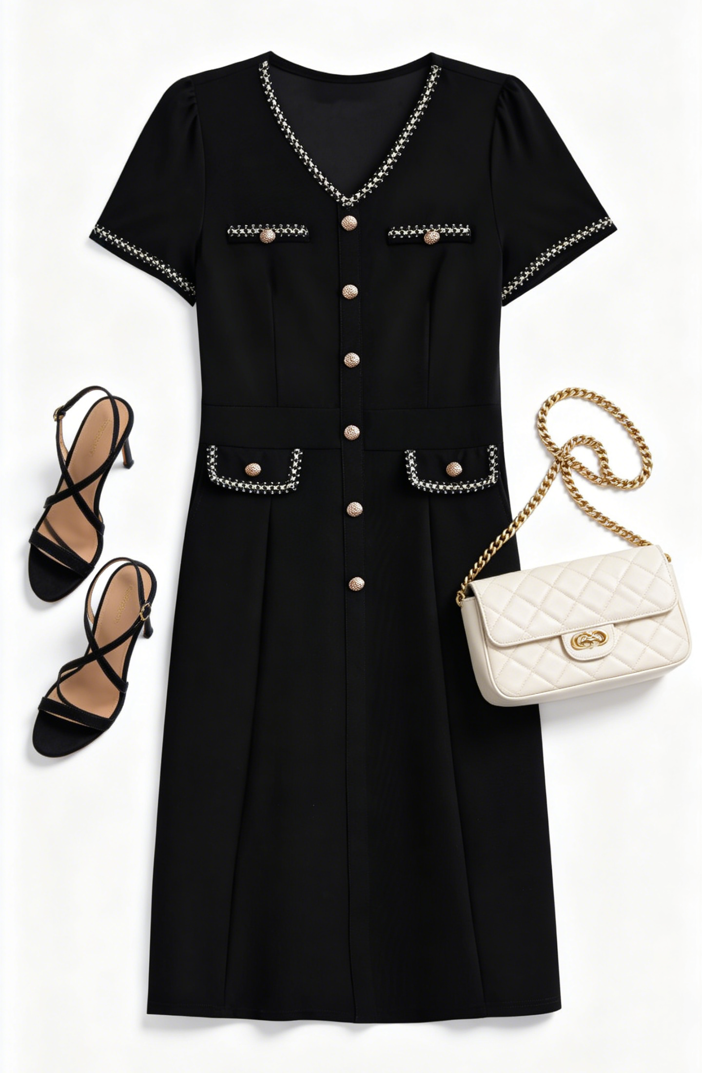 Elegant Black Midi Dress with Gold Details LAI MENG FIVE CATS Elegant Black Midi Dress with Gold Details LAI MENG FIVE CATS