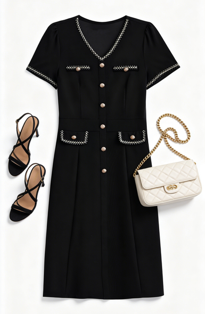 Elegant Black Midi Dress with Gold Details - LAI MENG FIVE CATS