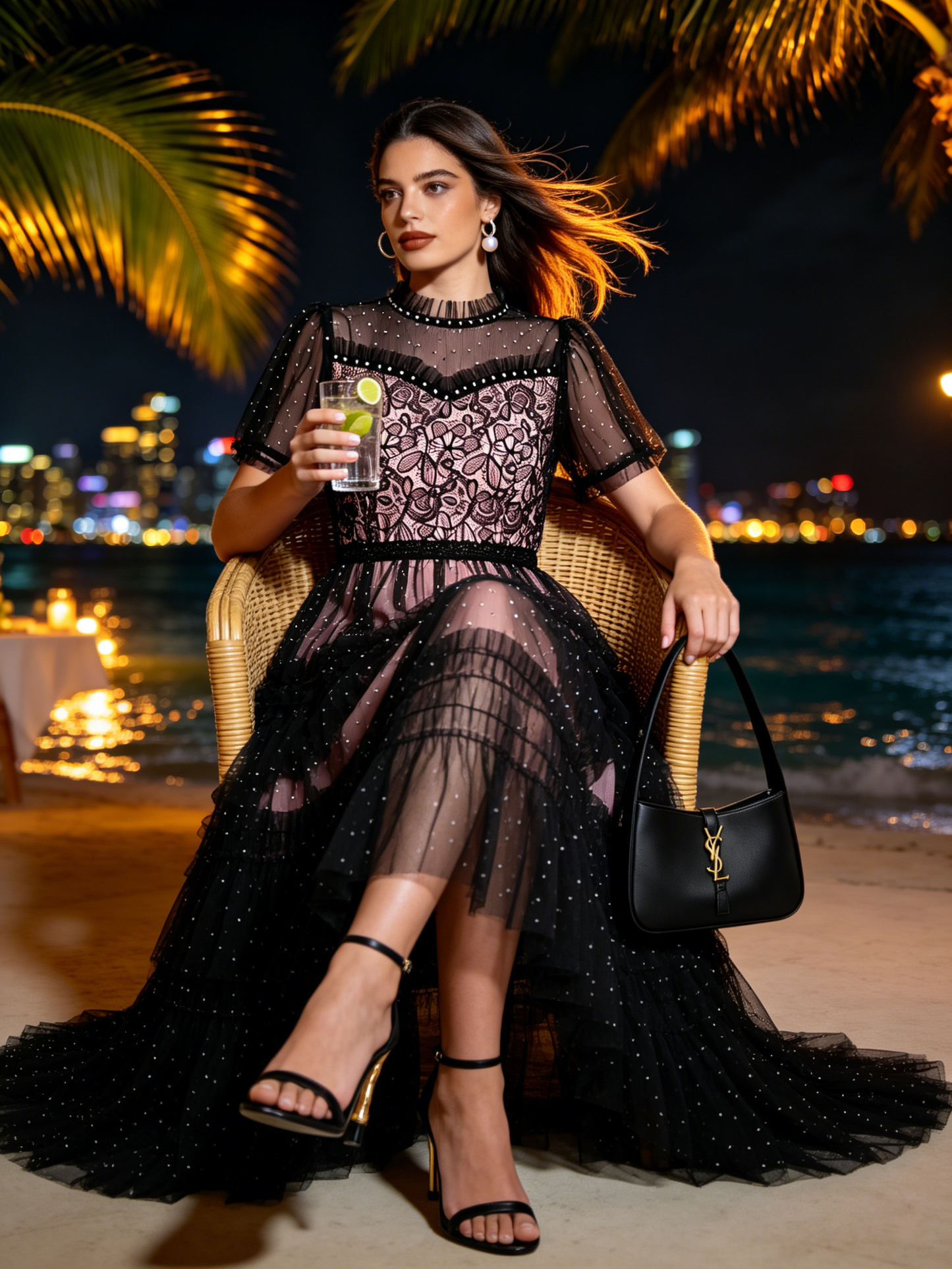 Black Sheer Sleeves Lace Glitter Tulle Dress