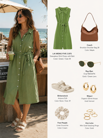 Green Sleeveless Button Front Belted Midi Dress with Pockets