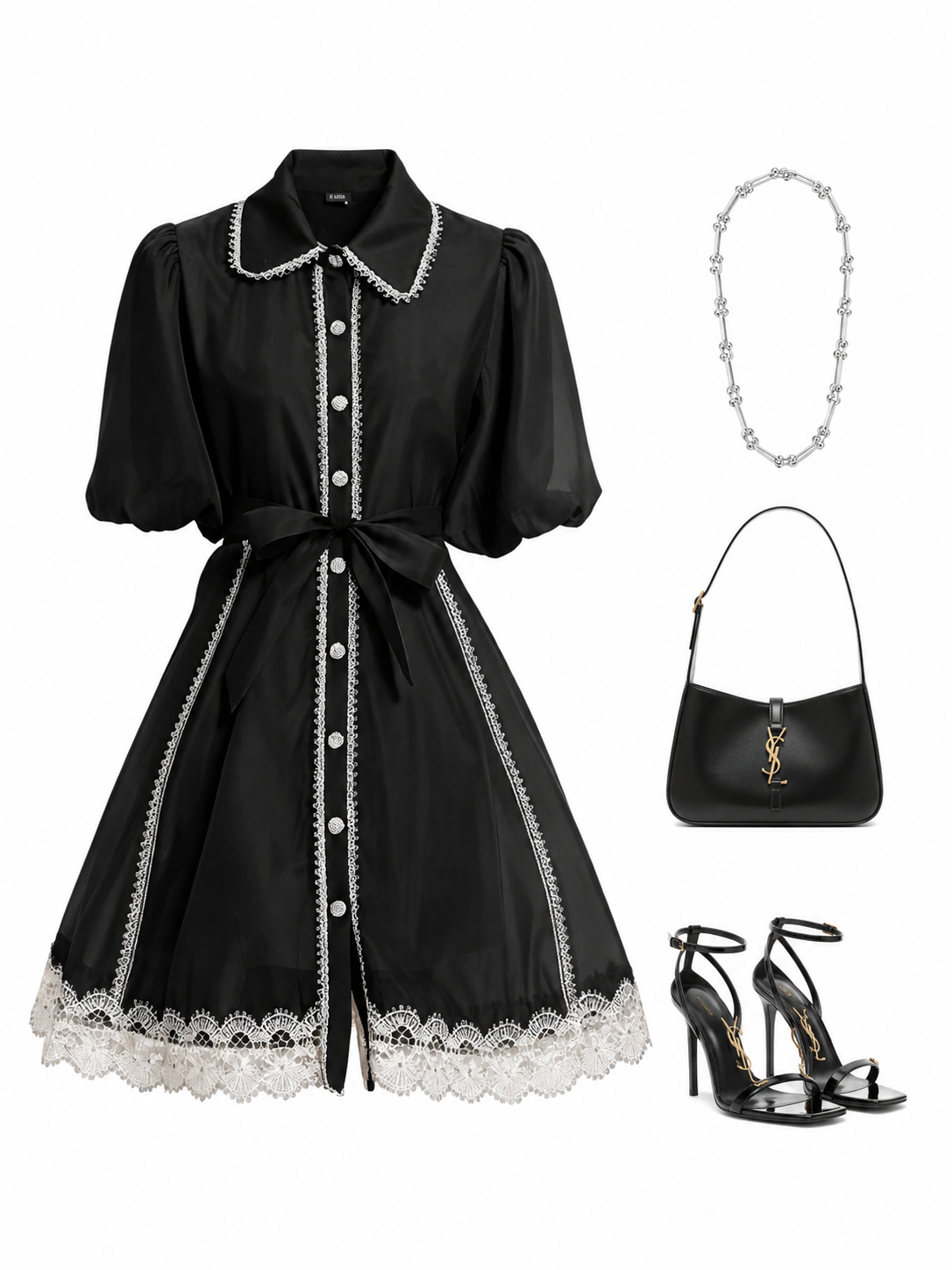 Black Lace Trim Chiffon Dress