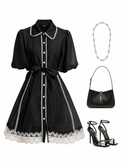 Black Lace Trim Chiffon Dress