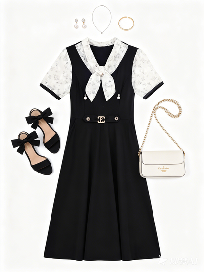 Elegant Floral Tie Neck Midi Dress - LAI MENG FIVE CATS