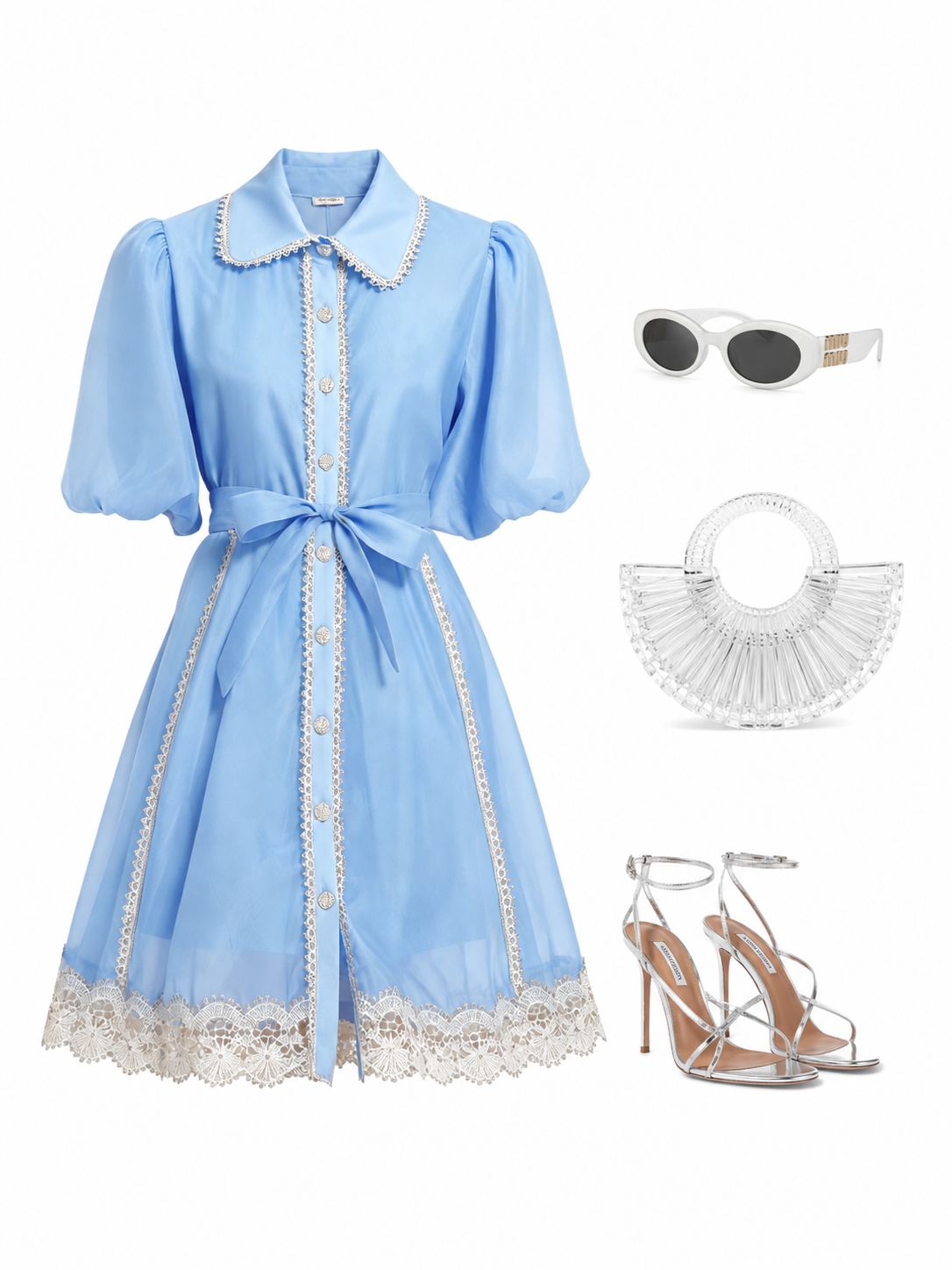 Blue Chiffon Button Up Lace Dress