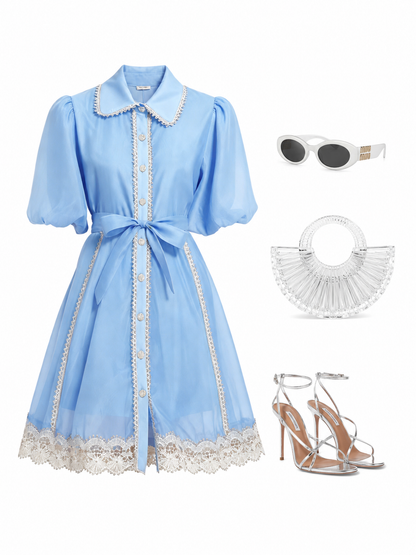 Blue Chiffon Button Up Lace Dress