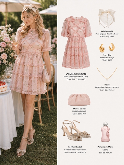 Pink Floral Embroidered Mesh Mini Dress