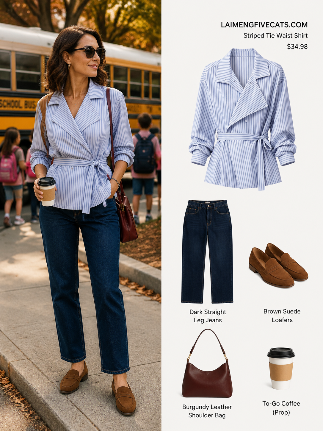 Blue Striped Tie-Waist Shirt | Relaxed Fall Everyday Top
