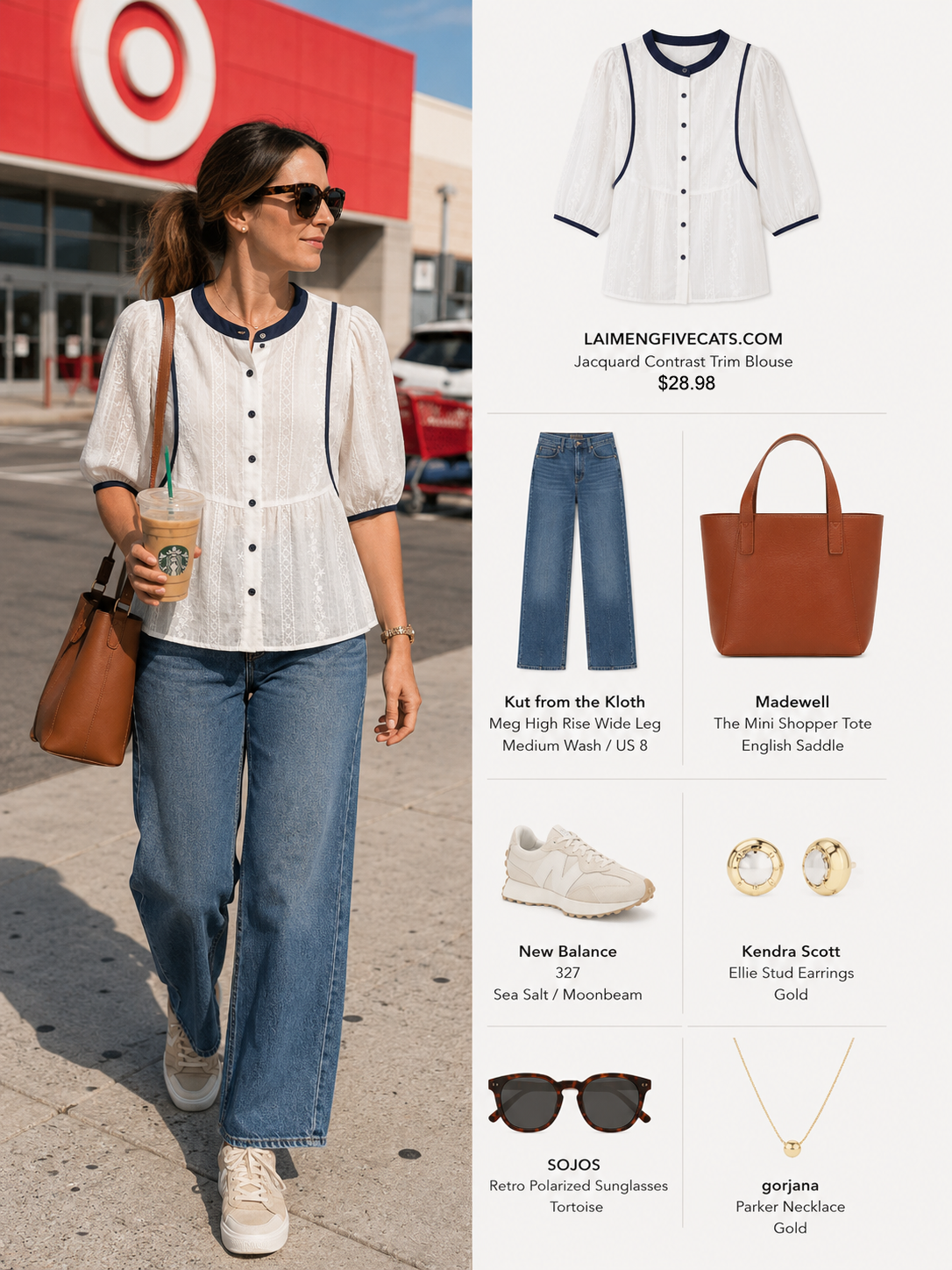 Jacquard Contrast Trim Blouse – White & Navy