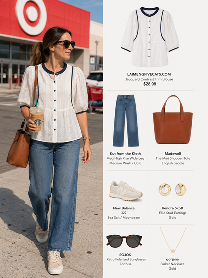 Jacquard Contrast Trim Blouse – White & Navy