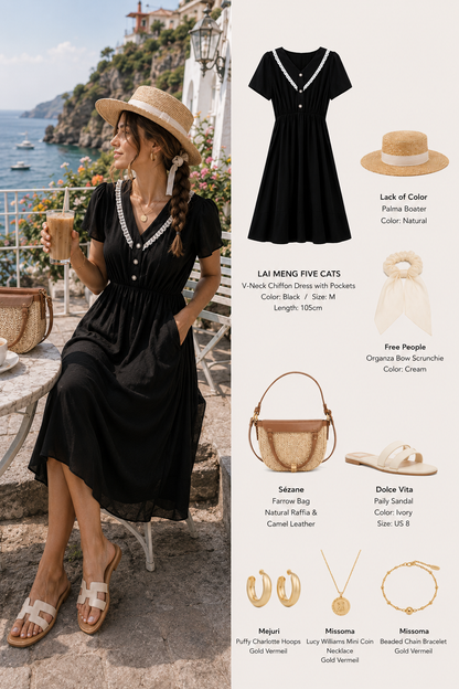 Black Chiffon V-Neck Midi Dress with Pockets