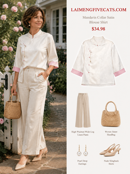 Women's Satin Tops Button Jacquard Blouse