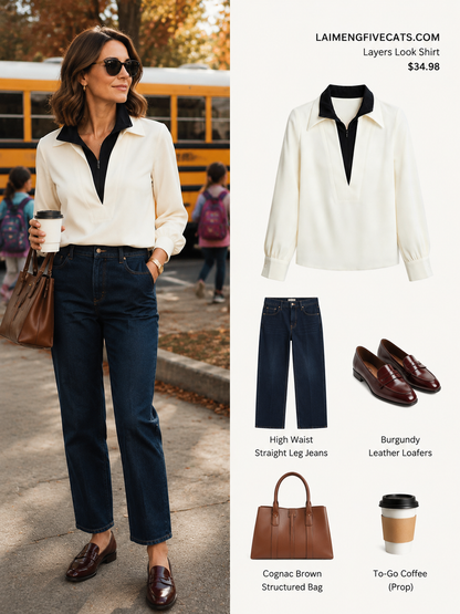 Color Block V-Neck Blouse - Contrast Half-Zip Lapel Collar Elegant Top