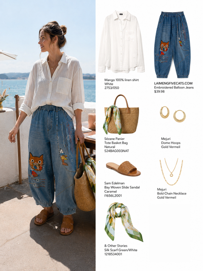 Casual Jeans Denim Loose Pants Elastic Waist with Pocket