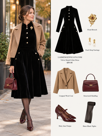 Black Velvet Stand-Collar Midi Dress with Gold Buttons & Pockets