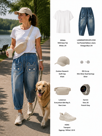 Women's Baggy Jeans Pattern Elastic Waist Pants - LAI MENG FIVE CATS