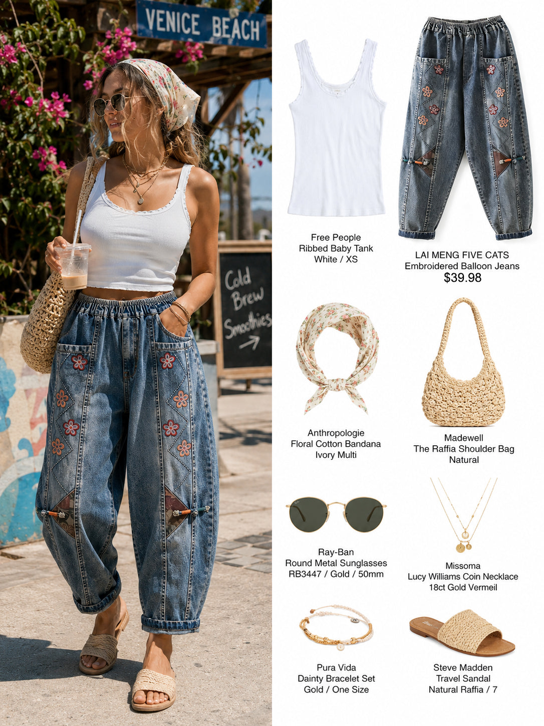 LAI MENG FIVE CATS Embroidered Elastic Waist Denim Pants – Summer Comfort
