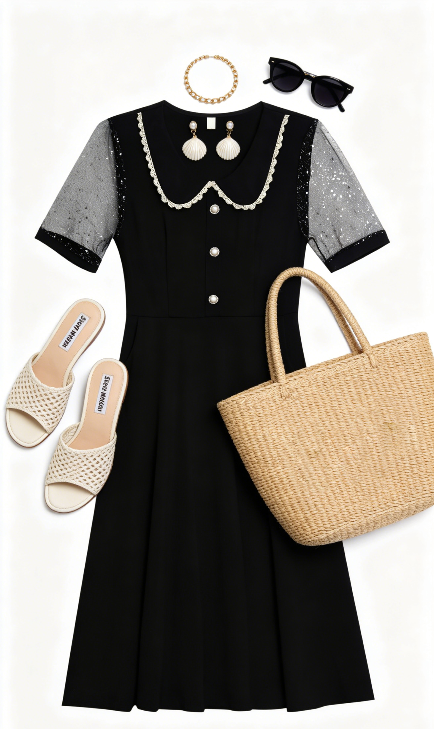 Elegant Mesh Sleeve Midi Dress with Pockets - LAI MENG FIVE CATS
