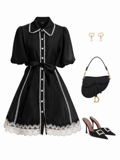 Black Lace Trim Chiffon Dress