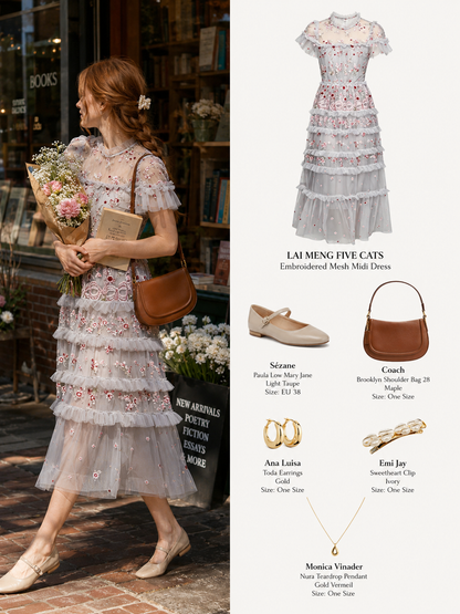 Romantic Floral Embroidered Ruffle Midi Dress