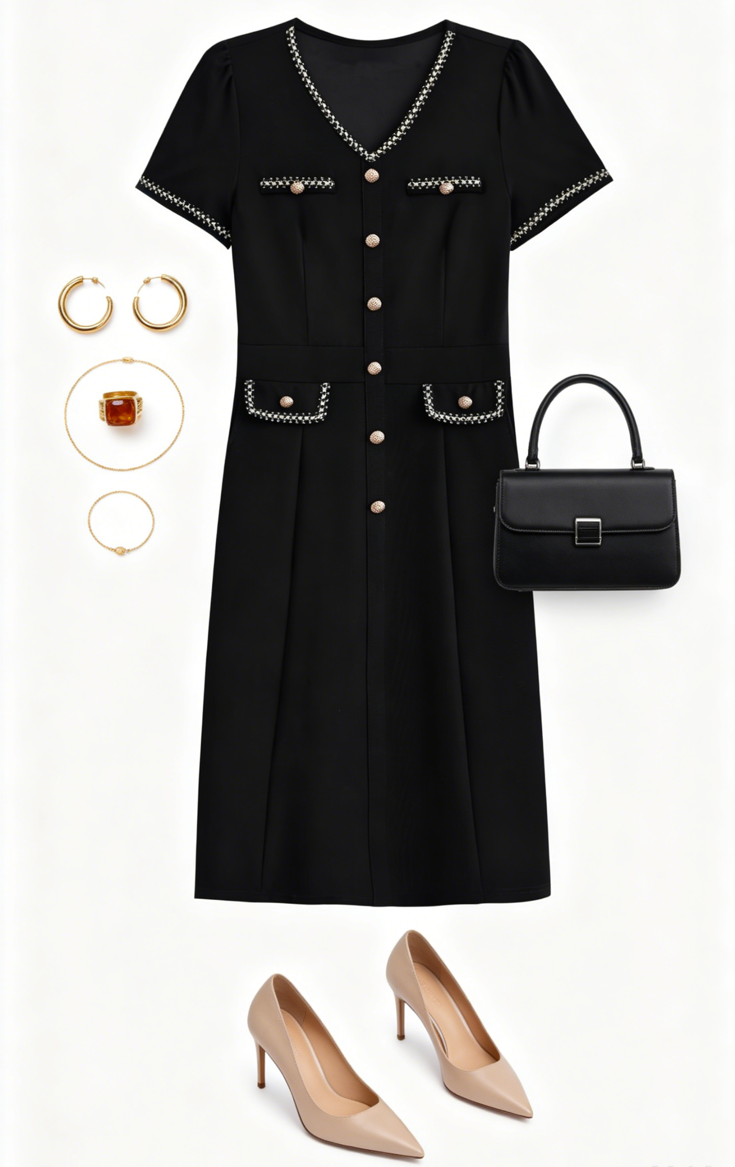 Elegant Black Midi Dress with Gold Details - LAI MENG FIVE CATS