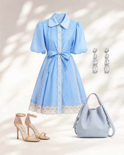 Blue Chiffon Button Up Lace Dress