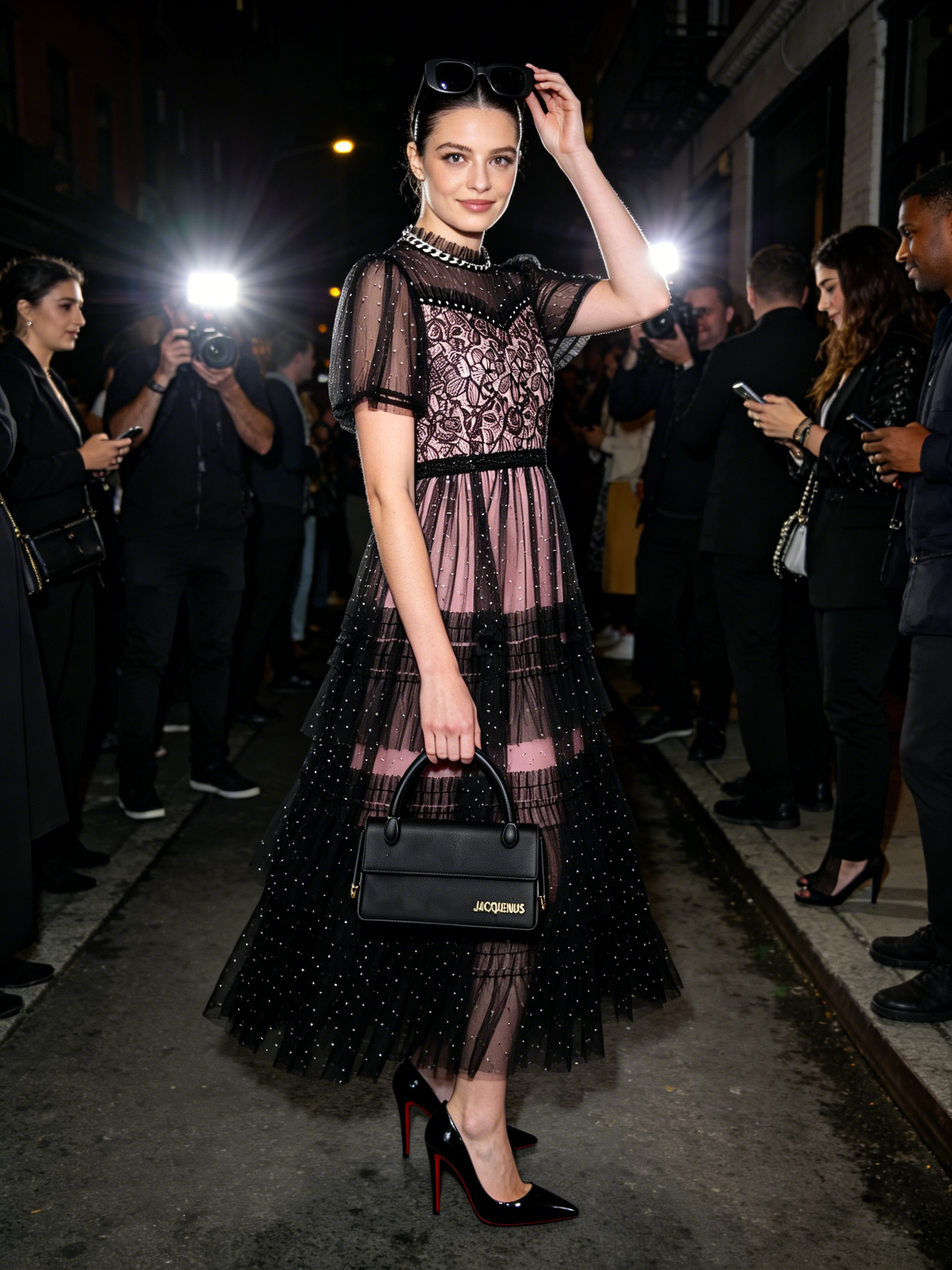 Black Sheer Sleeves Lace Glitter Tulle Dress