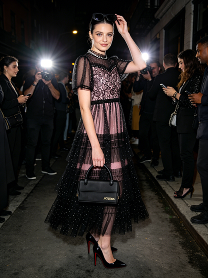 Black Sheer Sleeves Lace Glitter Tulle Dress
