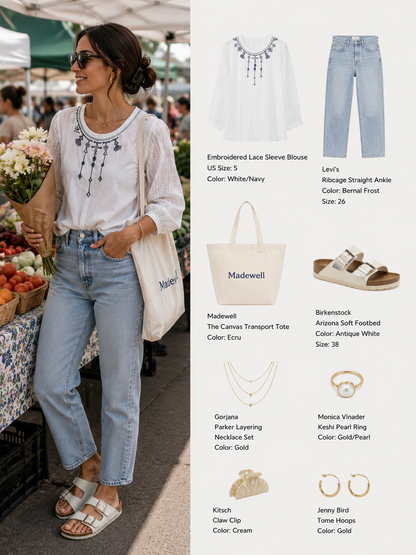 Embroidered Sheer Sleeve Blouse – Elegant 3/4 Sleeve Loose Fit Top