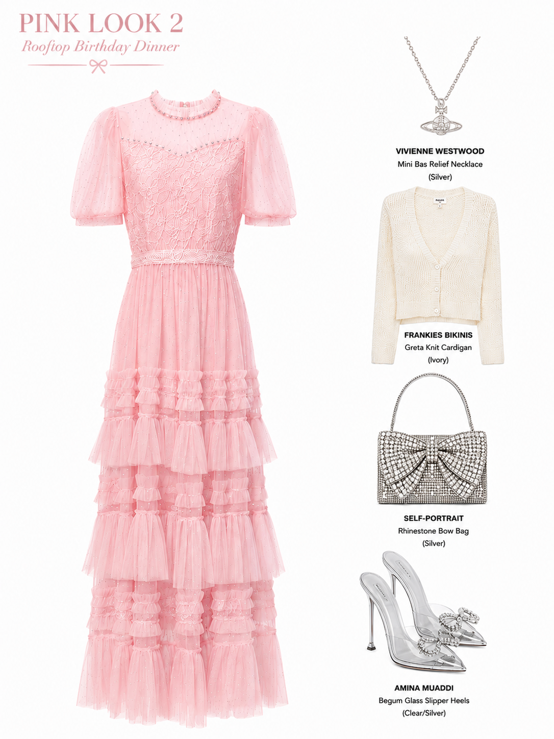 Pink Sheer Sleeves Lace Tiered Tulle Midi Dress