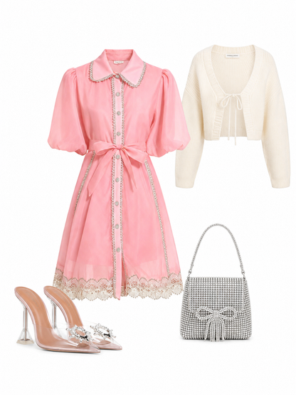 Pink Button Up Lace Trim Mini Dress