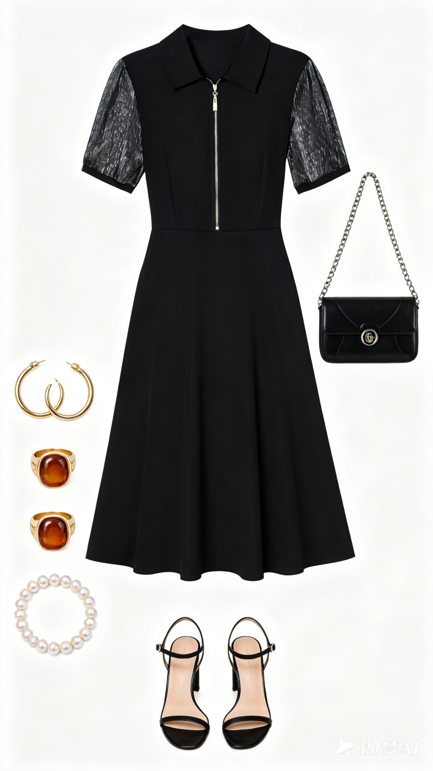 Elegant Black Mesh Sleeve Midi Dress - LAI MENG FIVE CATS