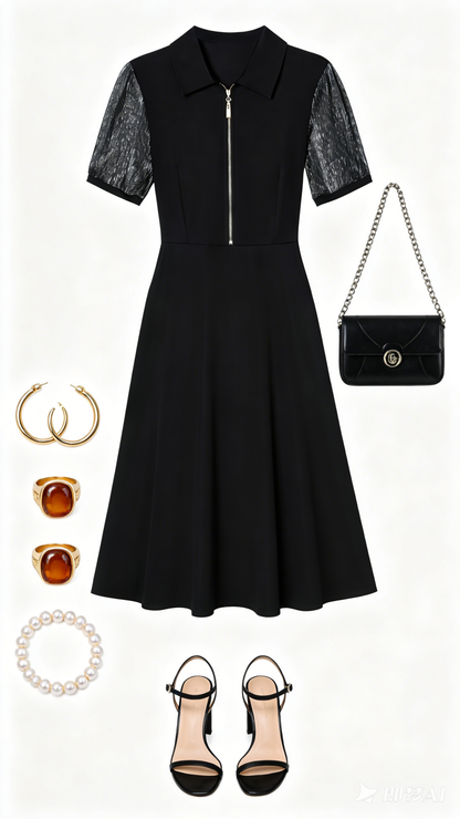Elegant Black Mesh Sleeve Midi Dress - LAI MENG FIVE CATS