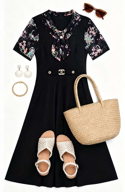 Elegant Floral Sleeve A-Line Midi Dress - LAI MENG FIVE CATS