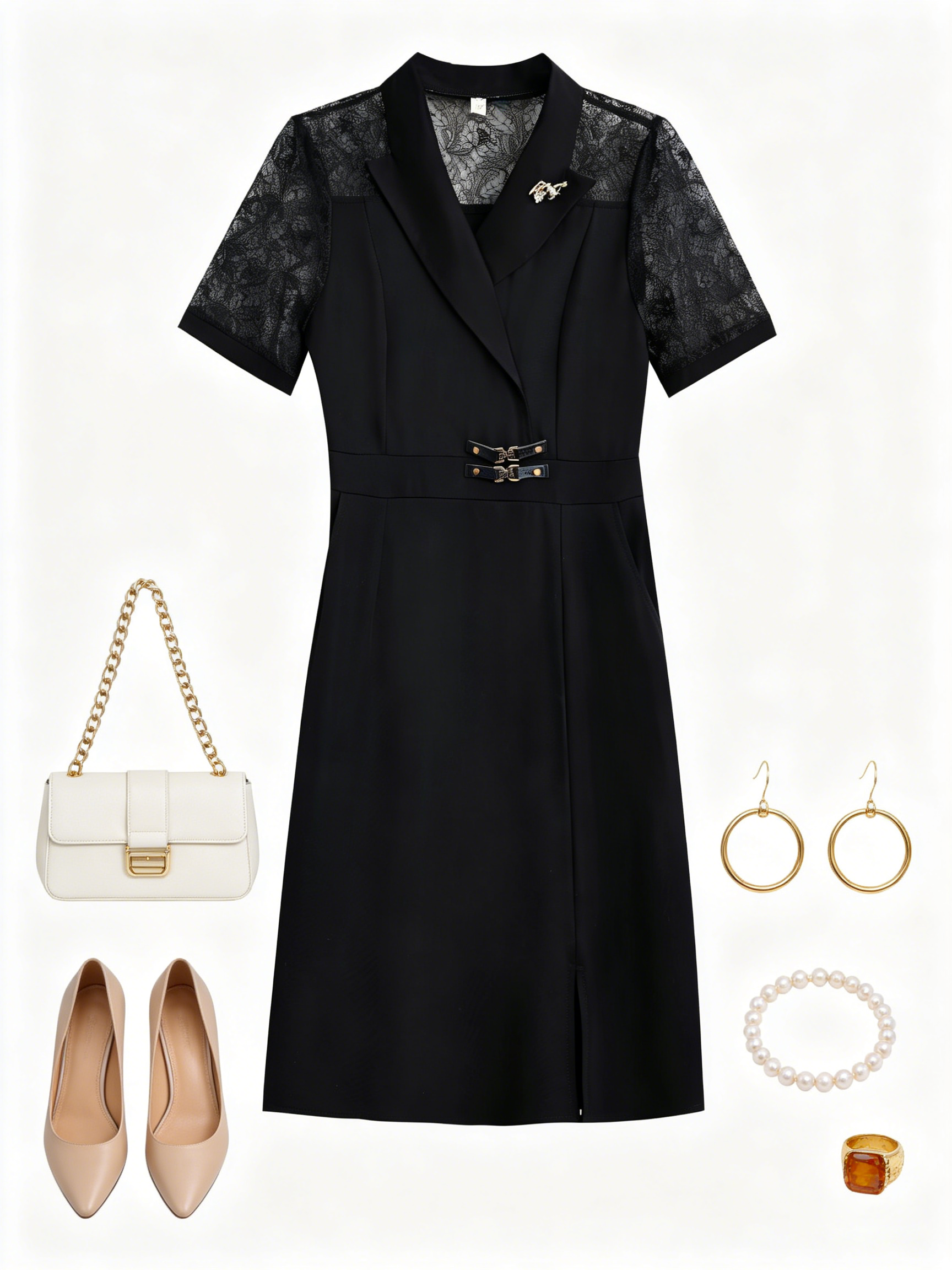Black A-Line Midi Dress with Lace Sleeve Detail - LAI MENG FIVE CATS