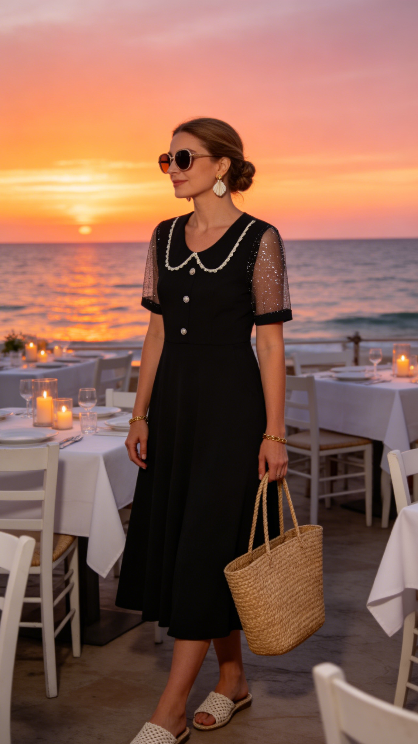 Elegant Mesh Sleeve Midi Dress with Pockets - LAI MENG FIVE CATS