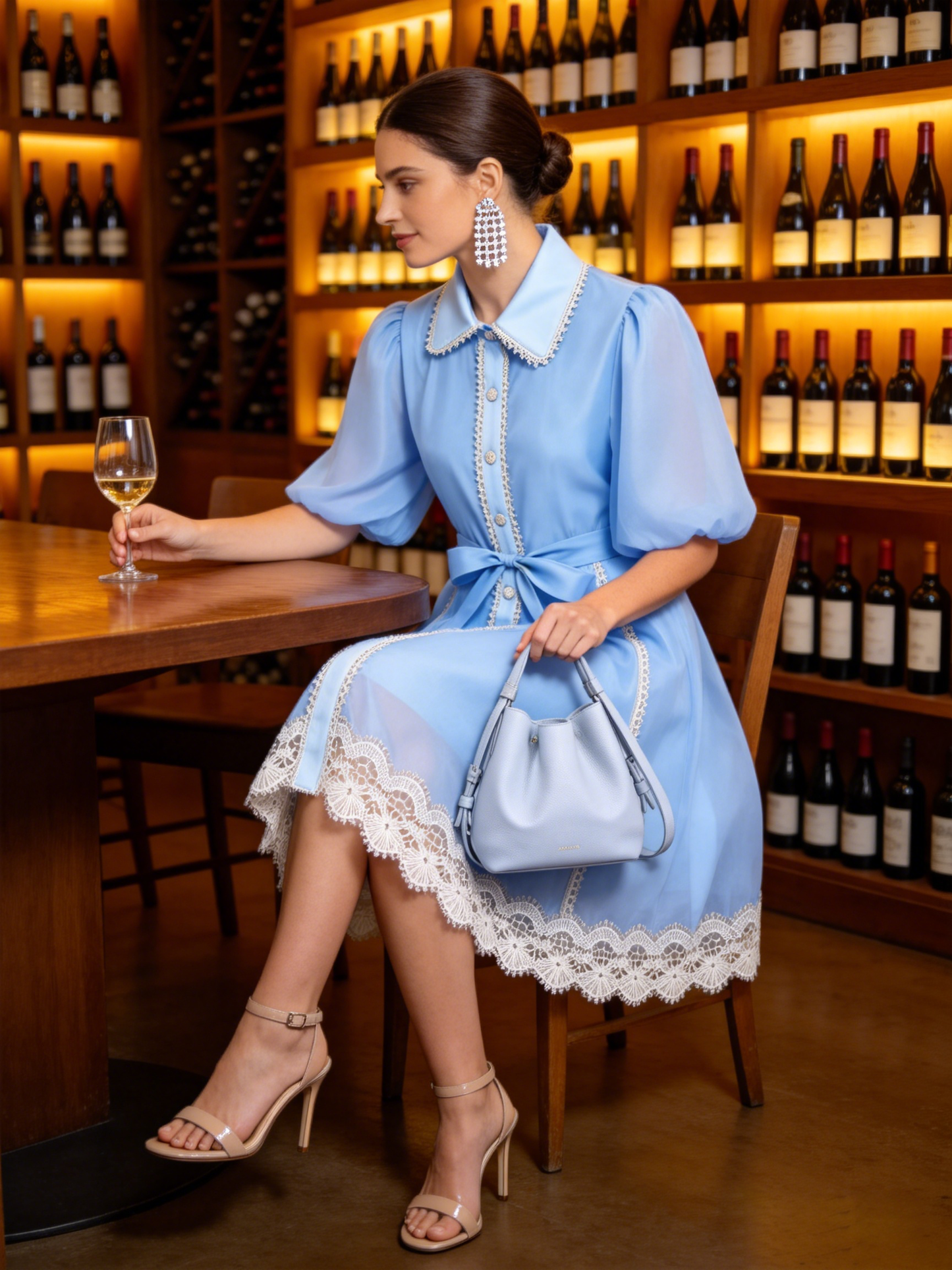 Blue Chiffon Button Up Lace Dress